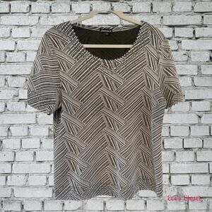 Chances R Top Women  XL Pullover Grey White Herringbone